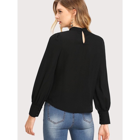 Button Cuff Gathered Neck long sleeve blouse Top black - Picture 2 of 11